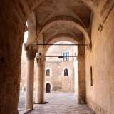 Alla fine dell�androne si sviluppa l�affascinante portico angolare di accesso al cortile, terminante in archi a tutto sesto che si intrecciano in volte a crociera